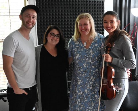 picture of author with producer, vocalist, and violinist in Nashville recording studio