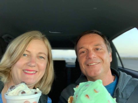 author and husband eating ice cream for dinner in Long Beach, WA